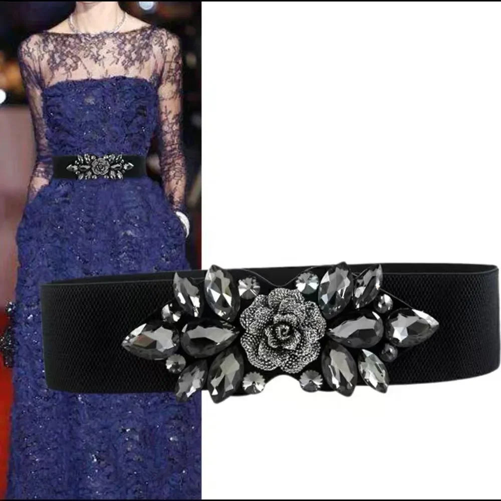 New Women’s Crystal & Beaded 3D Rose Stretch Elastic Belt